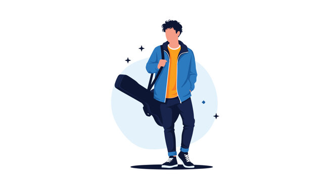 Young man with a black guitar case on his shoulder standing confidently and looking away in a minimalist flat design.