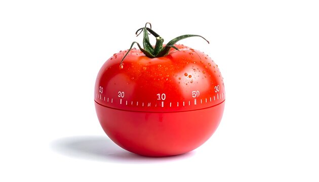 A red tomato with a kitchen timer wrapped around it on white