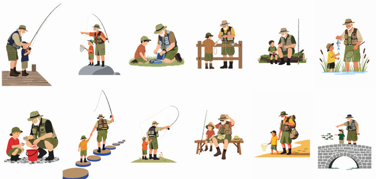Collection of illustrations showing a grandfather and grandson enjoying quality time while fishing and exploring nature together in different outdoor settings.