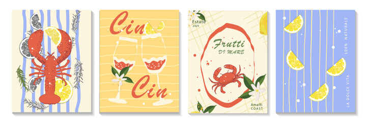 Mediterranean summer poster set with seafood and lemon theme. Four vertical designs featuring lobster, crab, wine and citrus in Italian style. Ideal for restaurant decor, travel or food branding. © Uliya
