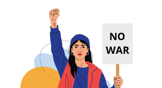 Brave woman activist holding a No War sign and raising her fist in a powerful protest for global peace and freedom.