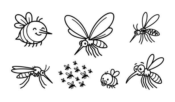 Cartoon mosquito outline vector set with playful insect line art designs
