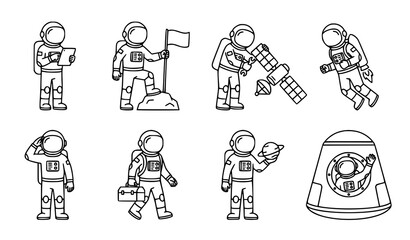 Cartoon astronaut man outline vector collection with futuristic space exploration poses © Hazara