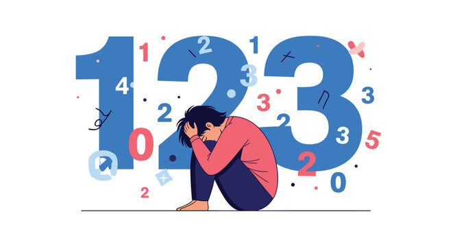 Sad person sitting in a fetal position surrounded by large numbers representing math anxiety or learning stress.