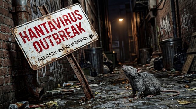 A rat sits next to a warning sign about a hantavirus outbreak in a dark alleyway