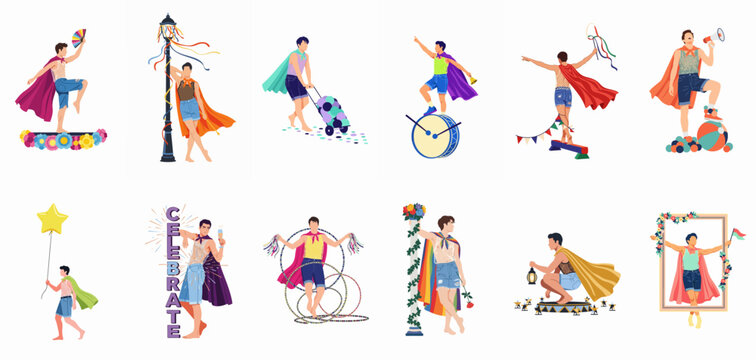 Set of diverse male character illustrations in colorful capes and outfits celebrating, perfect for pride month, carnivals, or festive party themes.