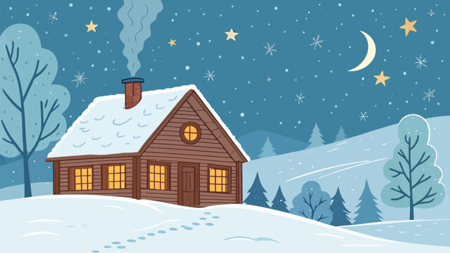 Cozy wooden house with snow covered roof under starry night sky with moon and trees in winter landscape