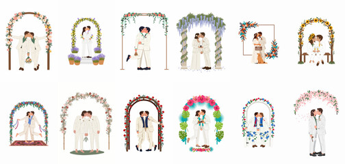 Naklejka premium Set of Gay Male Couples Getting Married Under Various Beautiful Floral Arches, Minimalist Flat Vector Illustrations Representing LGBTQ+ Love and Diversity.