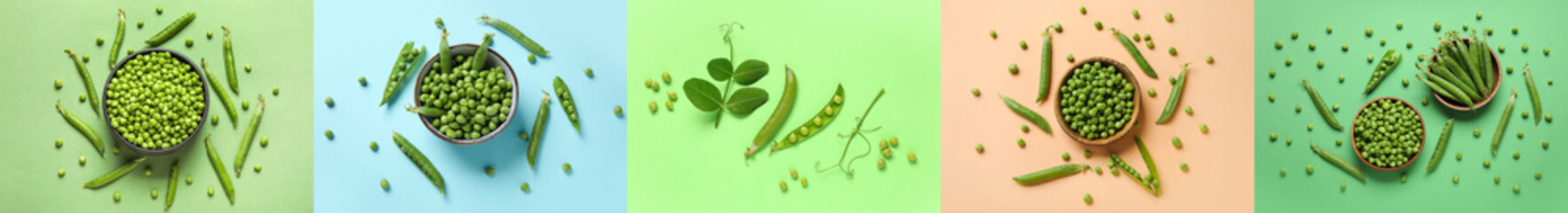Obraz premium Set of fresh green peas on color background, top view
