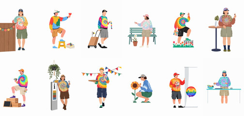 Fototapeta premium Set of flat vector illustrations featuring diverse people celebrating LGBTQ+ Pride month with rainbow-themed clothing, accessories, and promotional activities.