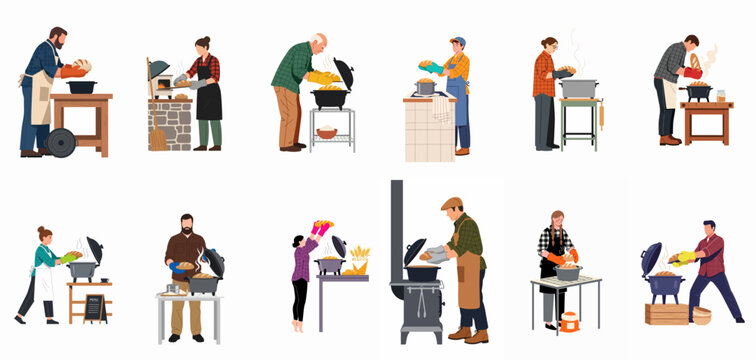 Diverse people baking fresh bread using various ovens and pots, wearing aprons and protective gloves, flat vector illustration isolated on white background.