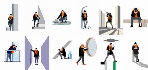 Collection of flat vector illustrations depicting a male photographer in winter attire exploring and capturing diverse urban architectural scenes and perspectives. © ValentinaRestrepo