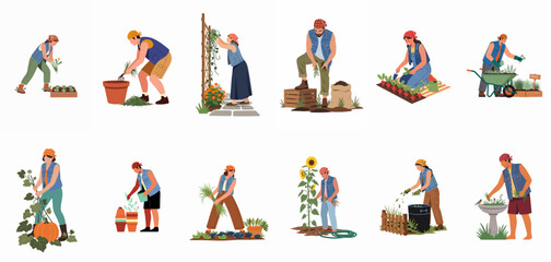 Fototapeta premium Flat vector illustration set of people performing various gardening activities like planting, weeding, and harvesting vegetables and flowers on white background.