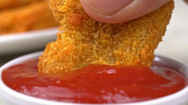 Macro shot of crispy chicken nugget dipped in thick red ketchup