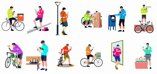 Fototapeta premium Set of illustrations showing bicycle couriers and delivery workers using mobile apps and maps for efficient urban package delivery in various city scenarios.
