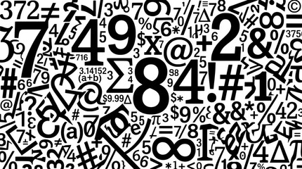 Obraz premium Number and symbol code pattern with chaotic typography, hashes, arrows, and currency signs for data and math themes