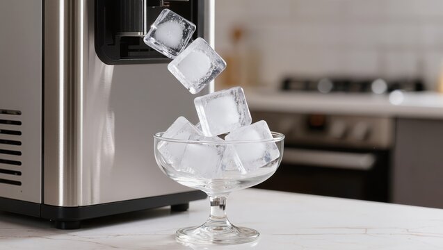 Crystal clear ice cubes falling from a stainless steel ice maker into a glass bowl. Concept of home appliances, refreshing beverages, kitchen equipment, and ice production
