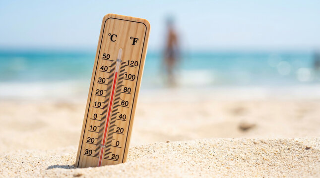 Summer heat wave beach thermometer hot weather high temperature climate change sunny beach wooden. Heat wave extreme summer, sun high temperature hot weather, global warming, heat stroke