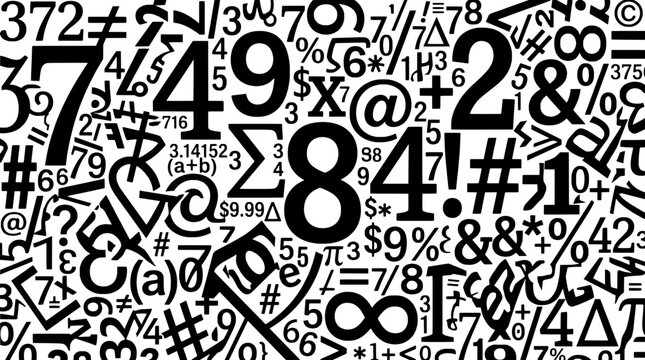 Number and symbol code pattern with chaotic typography, hashes, arrows, and currency signs for data and math themes
