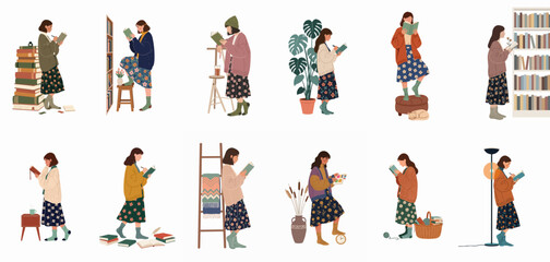 Collection of cozy illustrations featuring young women reading books, writing in journals, and relaxing in comfortable home environments with bookshelves and plants. © ValentinaRestrepo