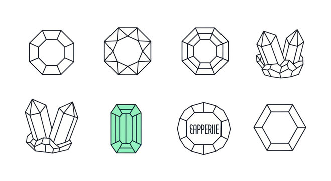 Geometric Gemstones and Crystals Line Art Icons Set