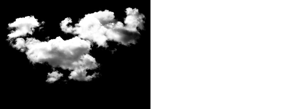 Several white puffy clouds on dark background in daytime sky scene transparent background