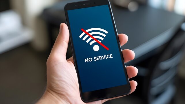 A hand holding a smartphone with a no service signal on the screen
