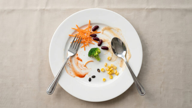 Messy dining table dirty plate leftover food fork spoon. Messy dining table mess scrap, clutter, chaos cleanup waste dirty
