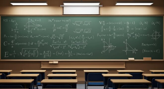 Classroom scene with formulas on chalkboard, empty desks in the foreground
