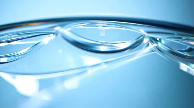 Clear glass container filled with water shows dynamic surface movement and reflections, capturing the fluidity and light interaction in a softly lit environment