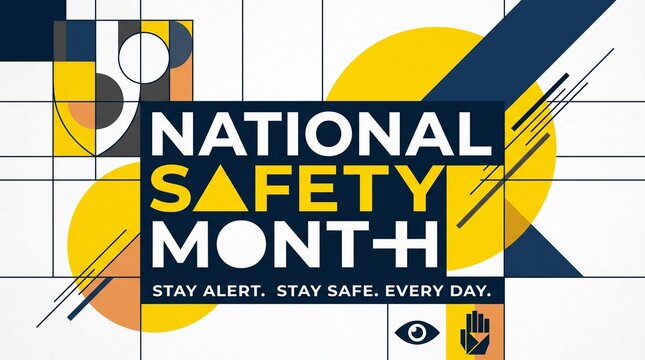 National Safety Month poster in geometric abstract style with bold colorful typography for occupational health awareness