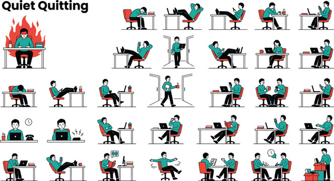 Quiet quitting workplace concept collection with stressed office workers, burnout employees, remote work situations, and corporate lifestyle vector illustrations set