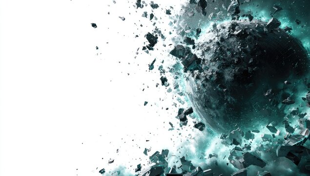 An exploding celestial body erupts with turquoise energy and debris