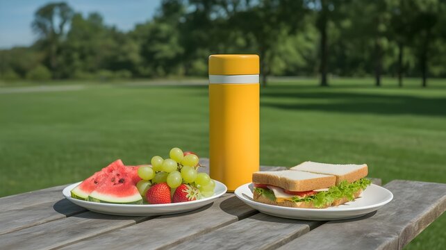 A picnic setup with a yellow thermos and plates of food on a wooden table in a park