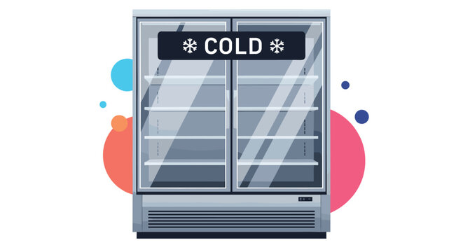 Modern double-door commercial refrigerator with glass doors stands empty against a background of vibrant abstract shapes.
