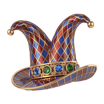 3D Rendered Royal Jester Hat with Harlequin Pattern, Gold Trim, and Colorful Gemstones on White Background