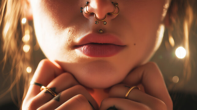 Exploring individuality through body modification, person's face featuring septum, nostril, and philtrum piercings with gold jewelry