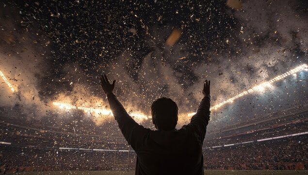 Figure celebrates a victory under confetti and stadium lights