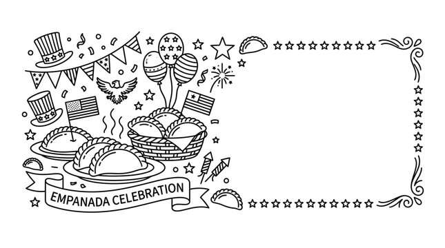 Doodle illustration of empanada celebration with American patriotic symbols.
