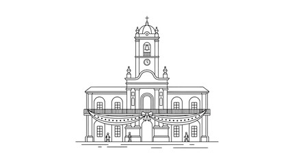 Fototapeta premium Minimalist hand drawn line art illustration of a colonial style town hall building.