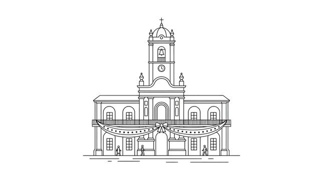 Minimalist hand drawn line art illustration of a colonial style town hall building.