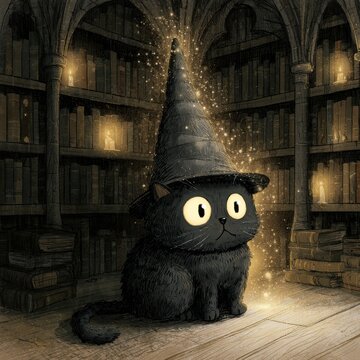 Magische Zauberer-Katze mit leuchtenden Augen und kleinem Hut in unheimlicher Bibliothek
