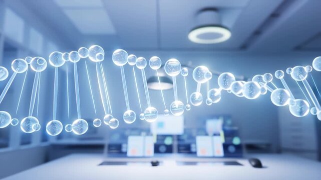 Digital DNA helix rotating in a futuristic science laboratory