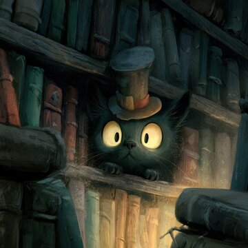 Magische Zauberer-Katze mit leuchtenden Augen und kleinem Hut in unheimlicher Bibliothek
