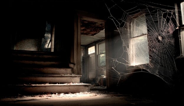 Eerie abandoned interior, dust motes dance in dim light, cobwebs drape