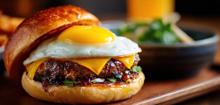 Juicy beef patty burger topped with a fried egg and melted cheese in a toasted bun, served with fresh greens and side dish on a wooden surface