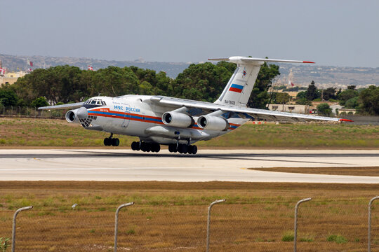 Luqa, Malta - August 11, 2005: MChS Rossii (Russian Ministry for Emergency Situations) Ilyushin Il-76TD (REG: RA-76429) taking off from runway 14.