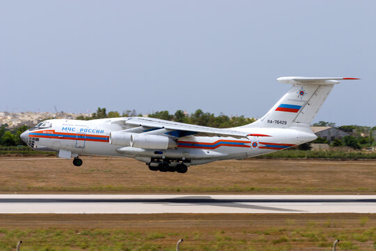 Luqa, Malta - August 11, 2005: MChS Rossii (Russian Ministry for Emergency Situations) Ilyushin Il-76TD (REG: RA-76429) taking off from runway 14.