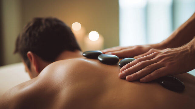Man enjoying a rejuvenating hot stone back massage at a spa. Therapist hands gently touching, providing relaxation and wellness