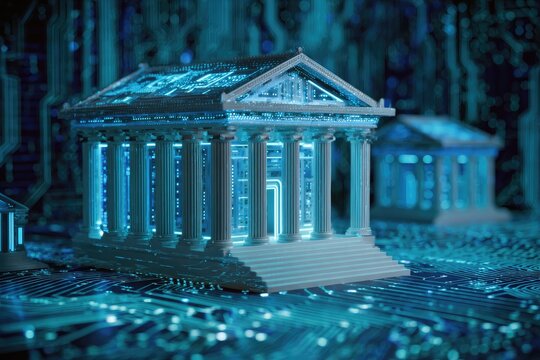 Futuristic glowing digital bank building, architectural blueprint on circuit board